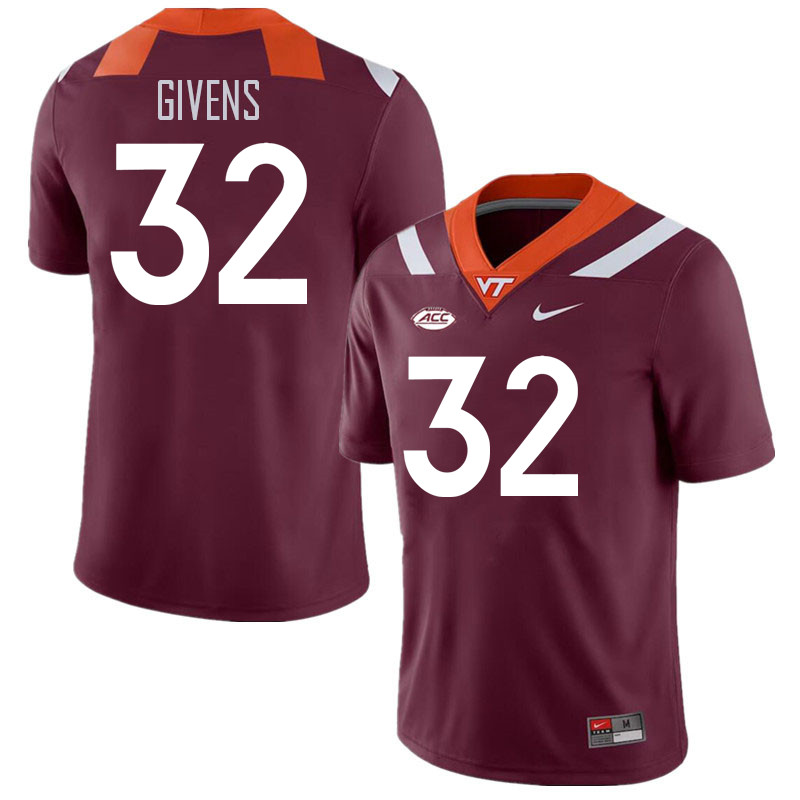 Men #32 Gunner Givens Virginia Tech Hokies College Football Jerseys Stitched Sale-Maroon